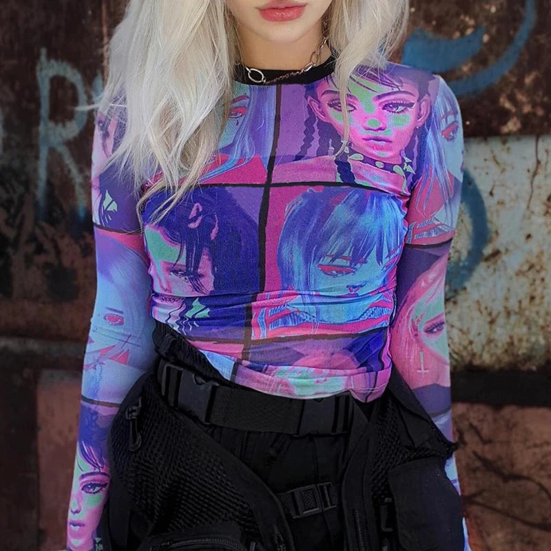 Crop top Anime print long sleeve gloves Mesh sheer women's T-Shirt