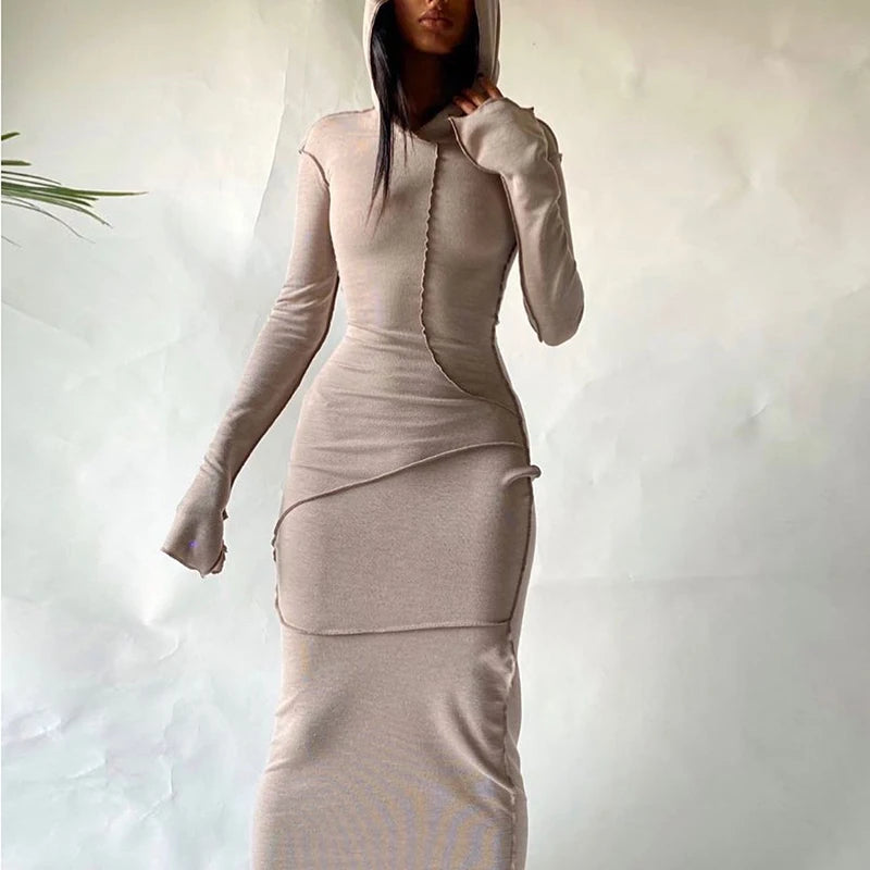 Patchwork Slit Long Sleeve Women Hoodie Midi Dress