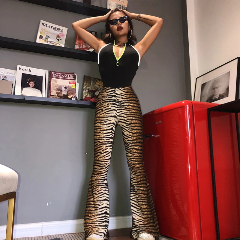 Leopard tiger high waist flare pants