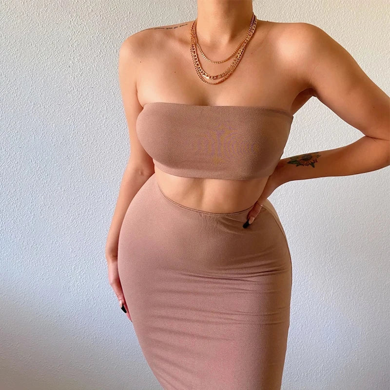 Solid Women 2 Piece Set Tube Crop Top Midi Skirt Bodycon Sexy Streetwear Party Club Elegant Matching