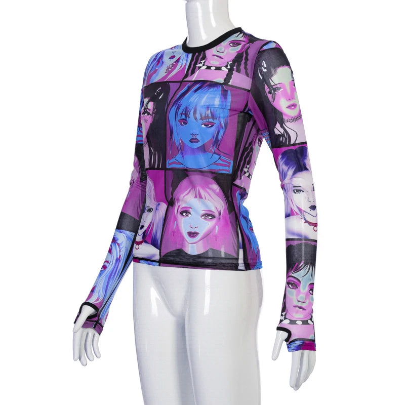 Crop top Anime print long sleeve gloves Mesh sheer women's T-Shirt