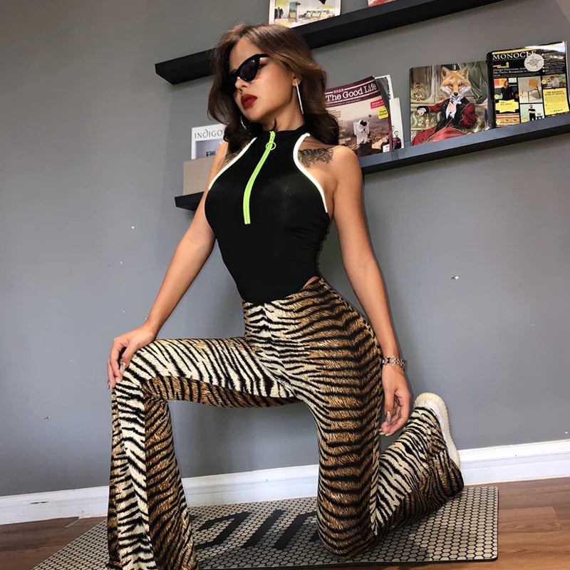 Leopard tiger high waist flare pants