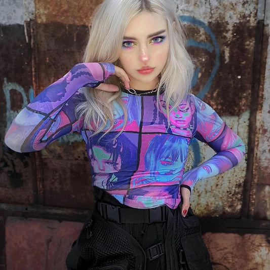 Crop top Anime print long sleeve gloves Mesh sheer women's T-Shirt