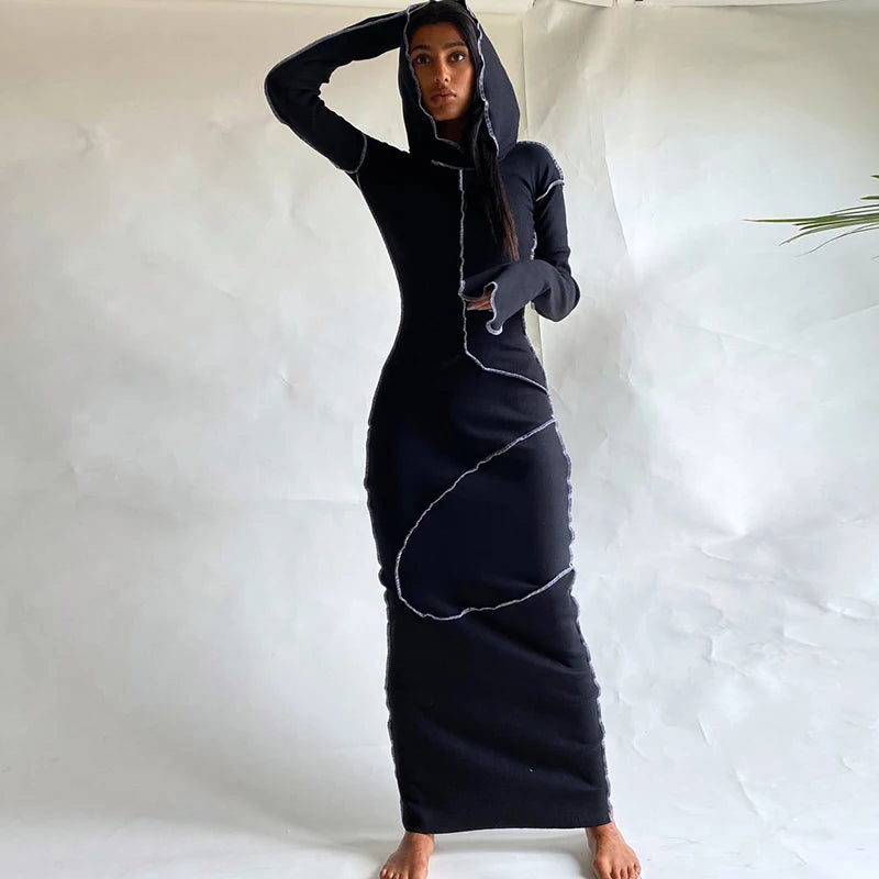 Patchwork Slit Long Sleeve Women Hoodie Midi Dress