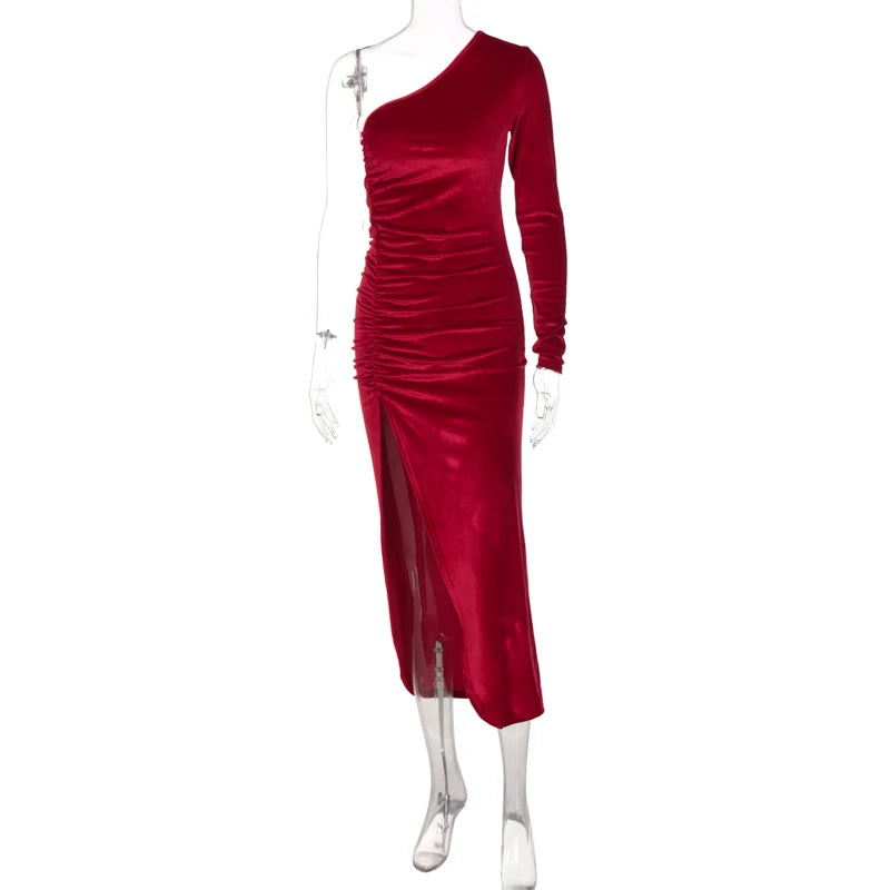 Solid Long Sleeve One Shoulder Ruched Slit Velvet Midi Dress