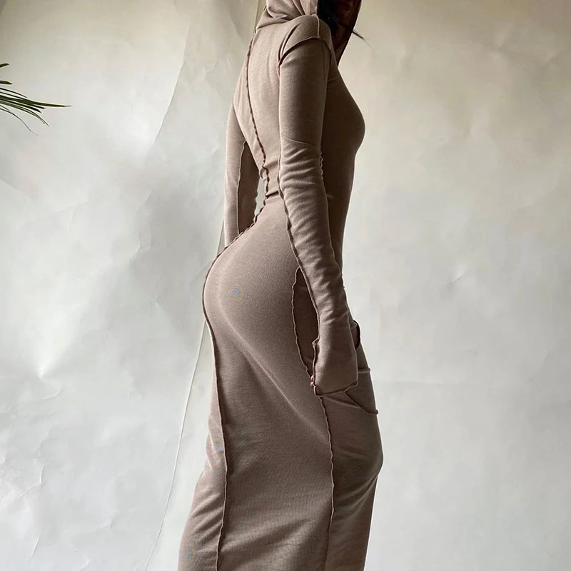 Patchwork Slit Long Sleeve Women Hoodie Midi Dress