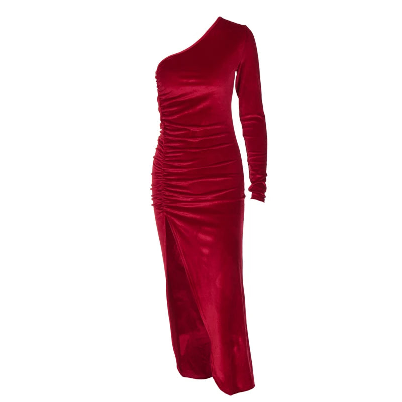 Solid Long Sleeve One Shoulder Ruched Slit Velvet Midi Dress