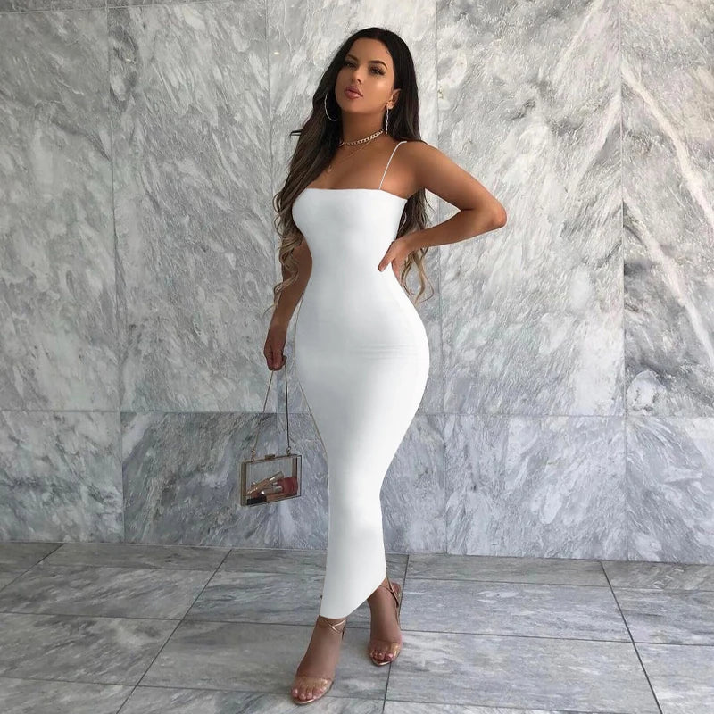 Women Solid White Black Strap Midi Dress