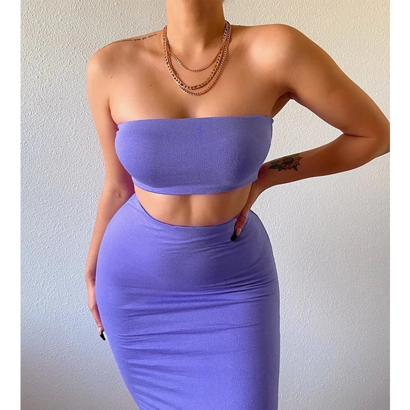 Solid Women 2 Piece Set Tube Crop Top Midi Skirt Bodycon Sexy Streetwear Party Club Elegant Matching