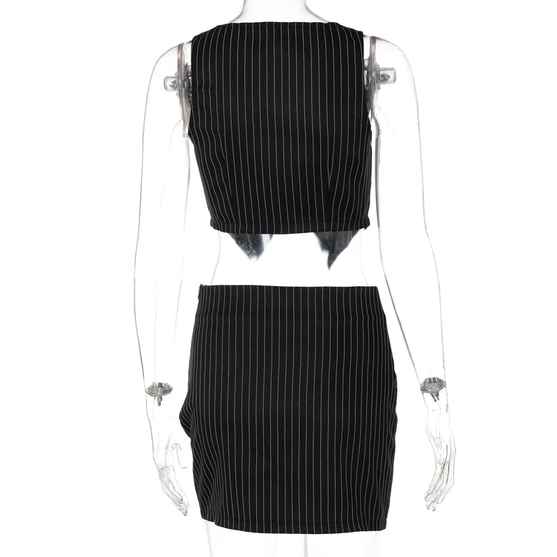 Stripe Print Women 2 Pieces Irregular V Neck Vest Mini Skirt Set Streetwear Fashion Crop Top