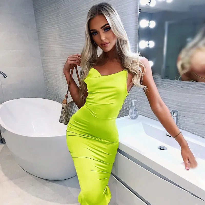 Neon Satin Lace Up Women Bodycon Long Midi Dress