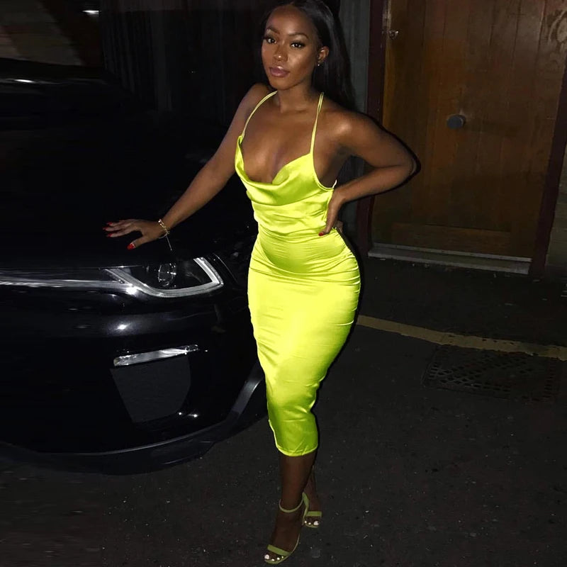 Neon Satin Lace Up Women Bodycon Long Midi Dress