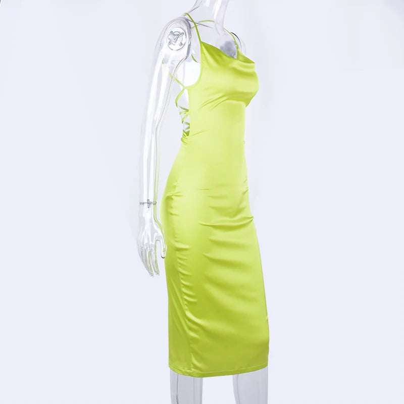 Neon Satin Lace Up Women Bodycon Long Midi Dress