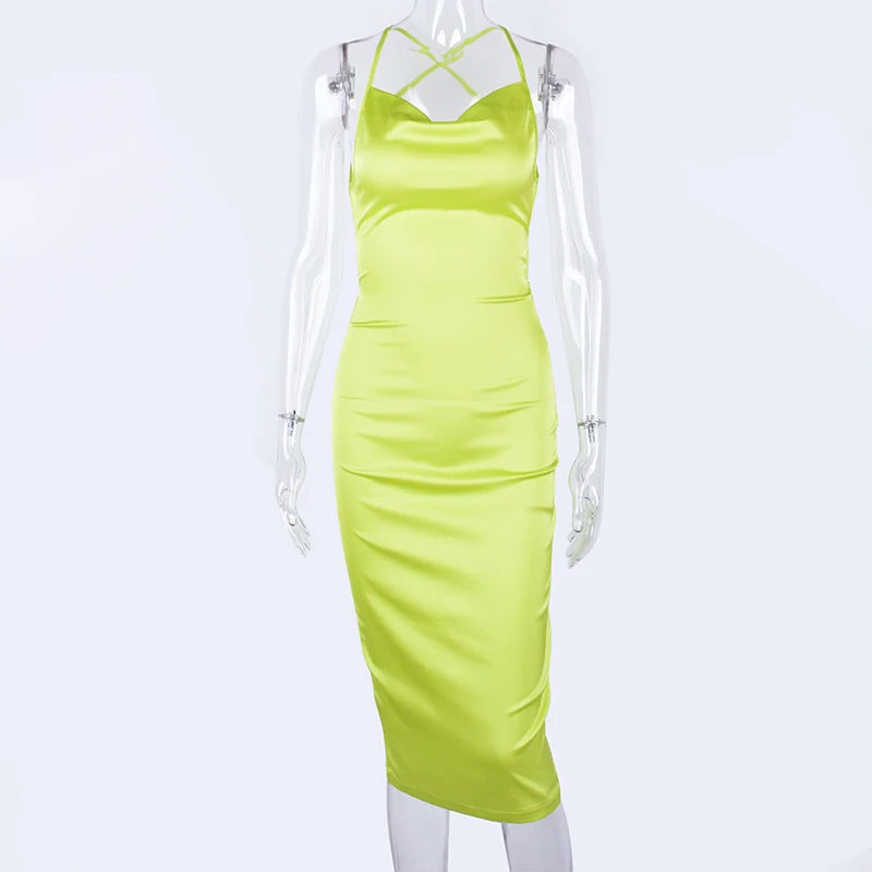 Neon Satin Lace Up Women Bodycon Long Midi Dress