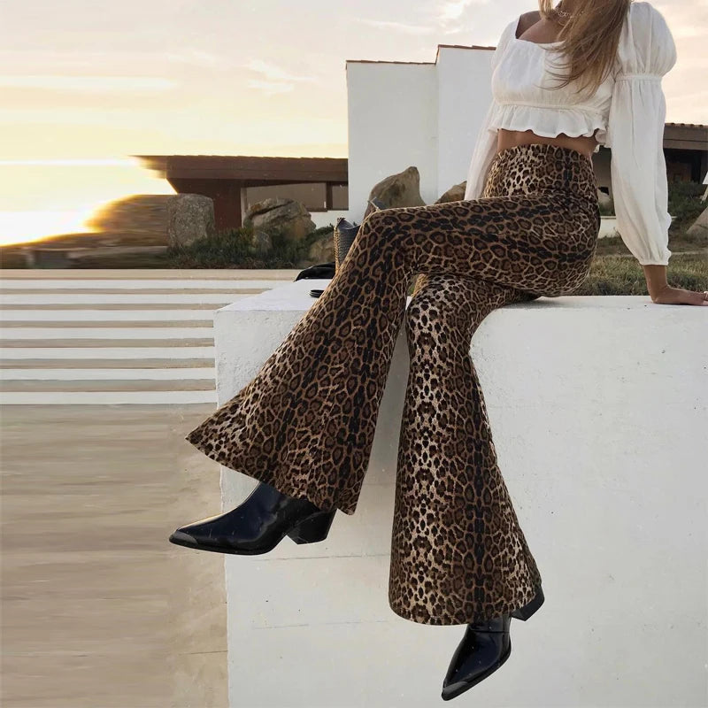 Leopard tiger high waist flare pants