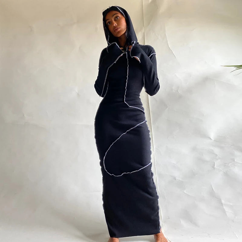 Patchwork Slit Long Sleeve Women Hoodie Midi Dress