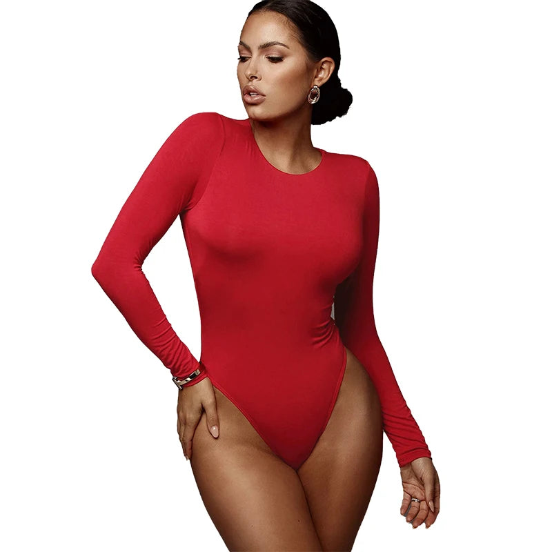 Cotton women's bodysuit o neck long sleeve bodycon