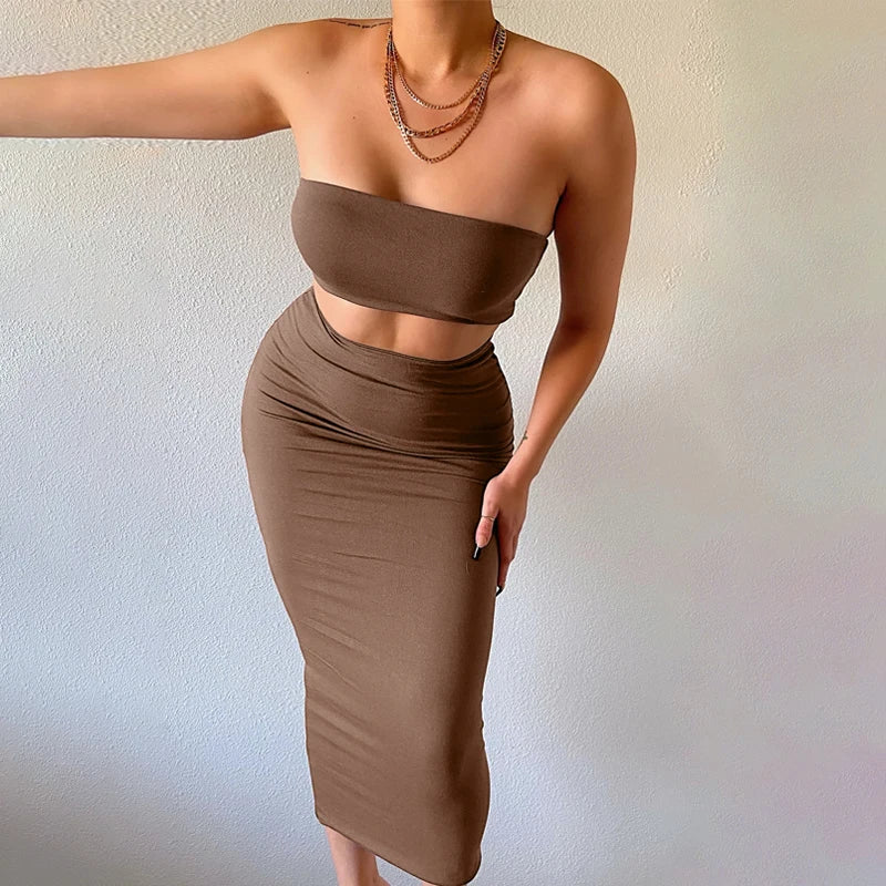 Solid Women 2 Piece Set Tube Crop Top Midi Skirt Bodycon Sexy Streetwear Party Club Elegant Matching