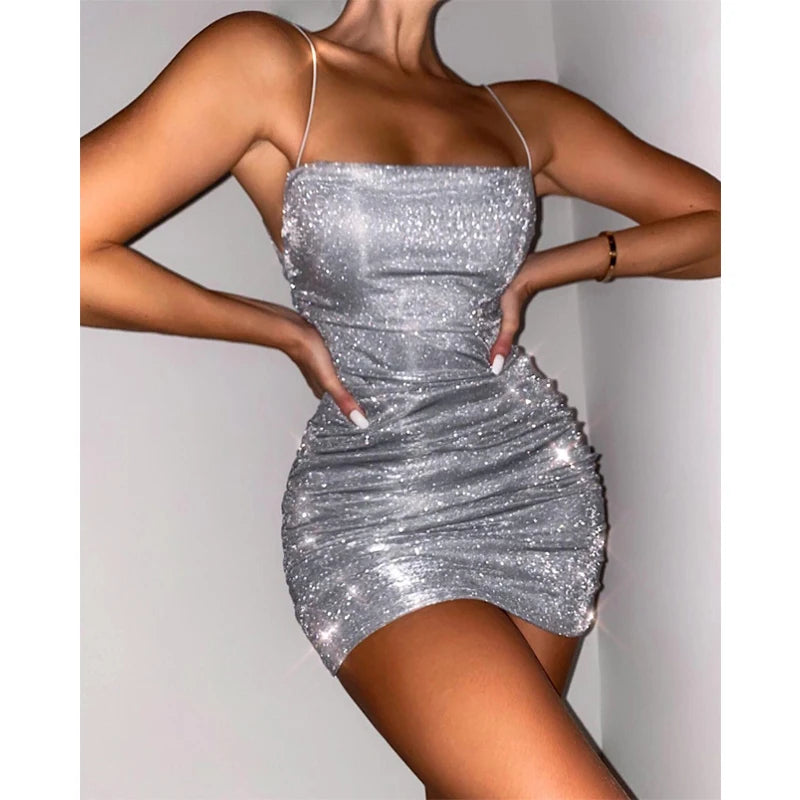 Bling Glitter Sequins Women Strap Mini Dress