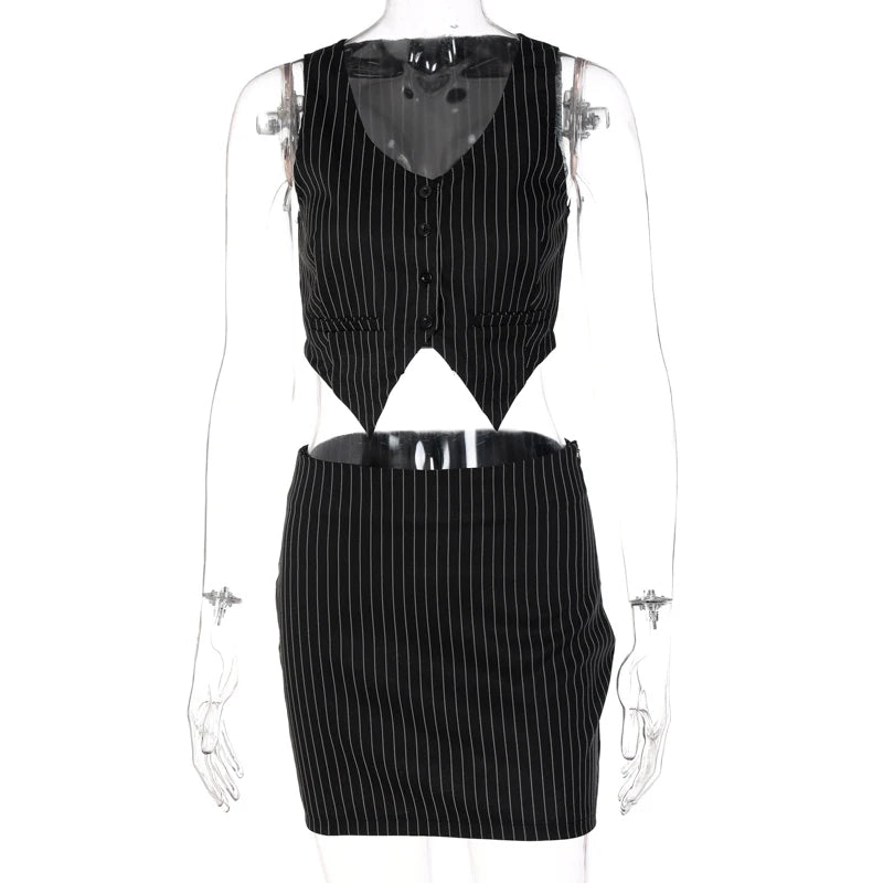 Stripe Print Women 2 Pieces Irregular V Neck Vest Mini Skirt Set Streetwear Fashion Crop Top