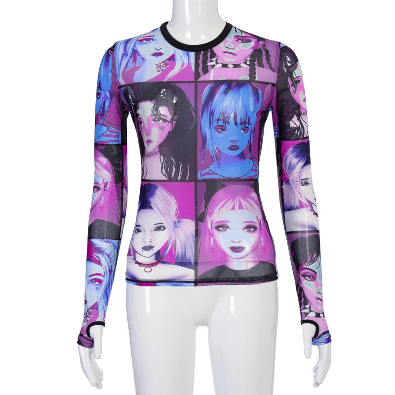 Crop top Anime print long sleeve gloves Mesh sheer women's T-Shirt