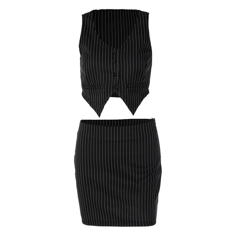 Stripe Print Women 2 Pieces Irregular V Neck Vest Mini Skirt Set Streetwear Fashion Crop Top