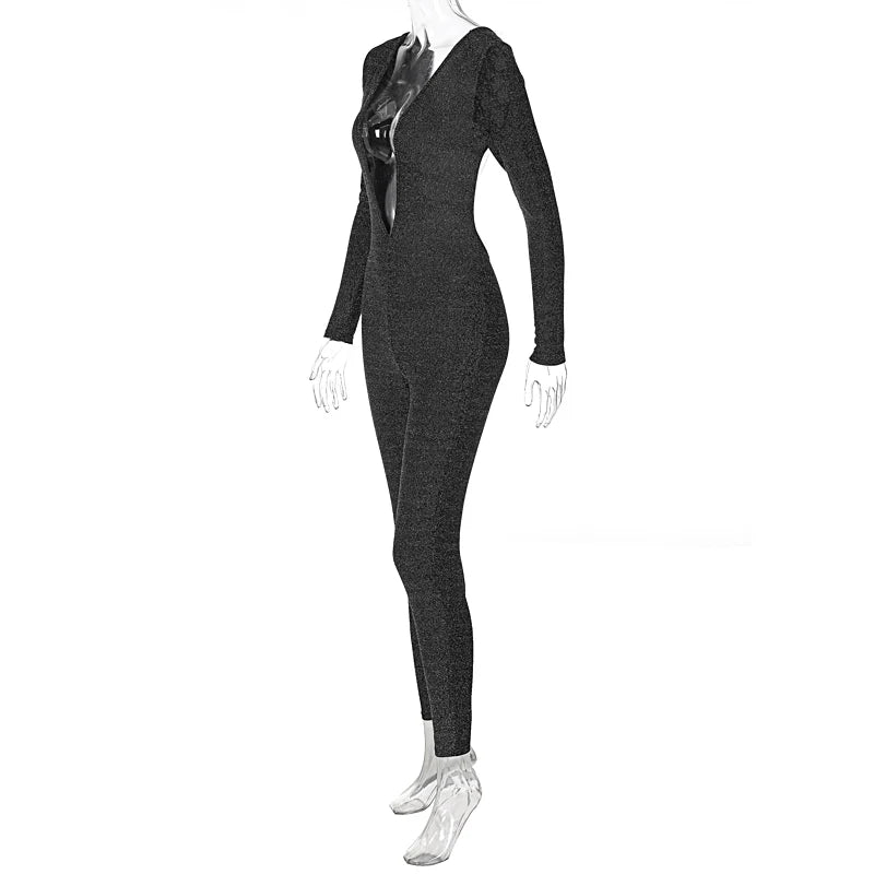 Bling Glitter Women Long Sleeve Deep V Neck Jumpsuit Backless Skinny Sexy Streetwear Party Club Festival