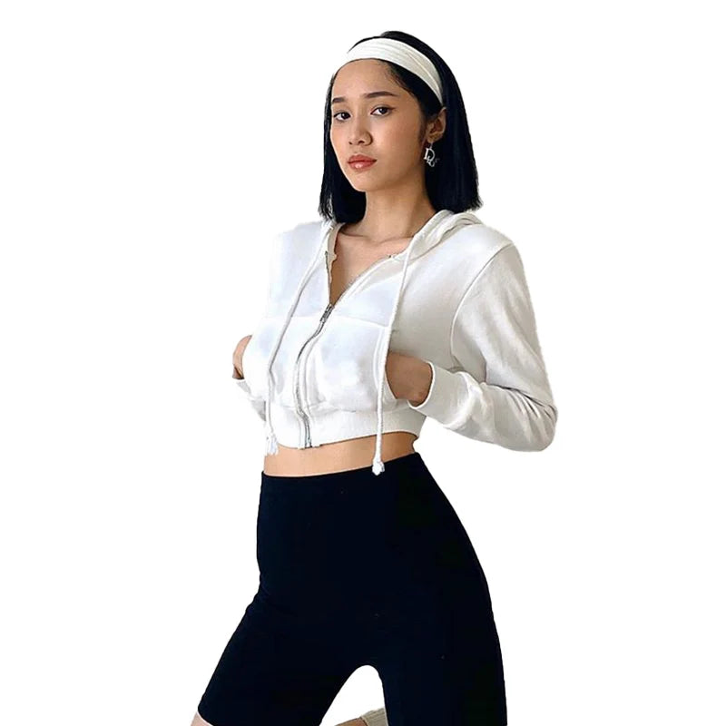 Zipper Hoodie Women Crop Top Long Sleeve Jacket Solid Pocket Sweatshirt