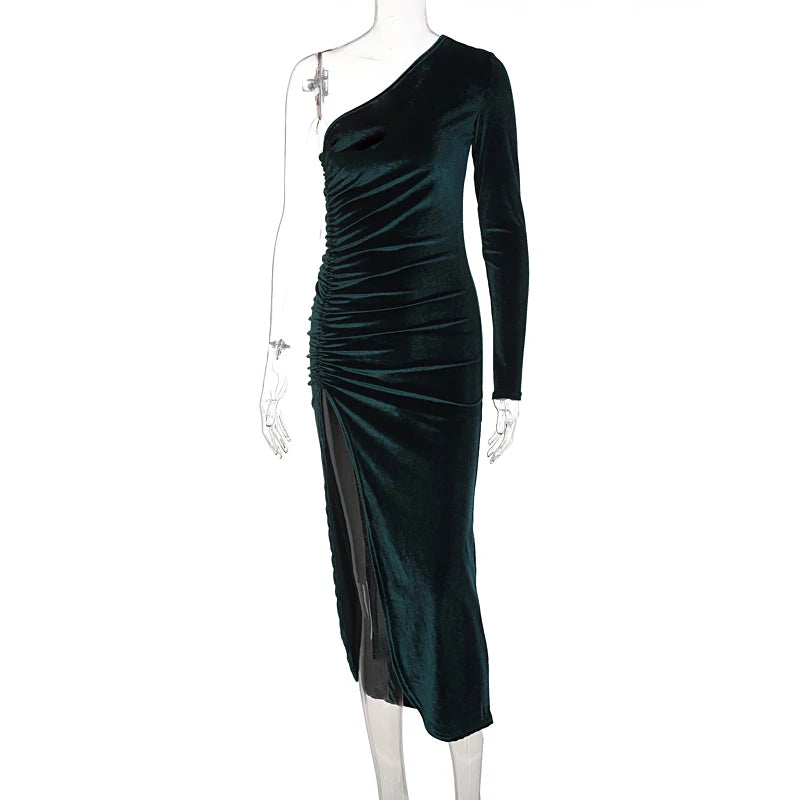 Solid Long Sleeve One Shoulder Ruched Slit Velvet Midi Dress