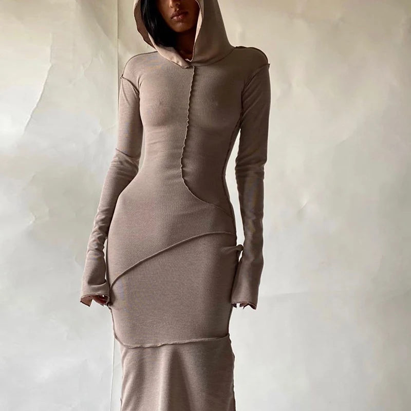 Patchwork Slit Long Sleeve Women Hoodie Midi Dress