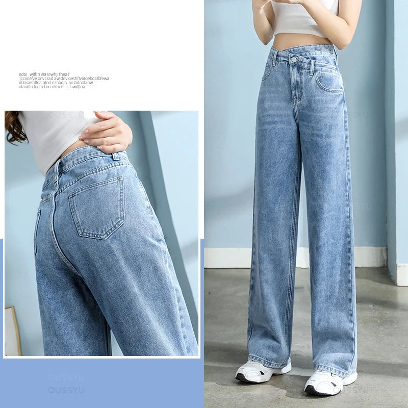 High-Quality Cotton Jeans Women Wide Leg Denim Pants Femme Black Blue Streetwear Baggy Straight Design Waist Trousers