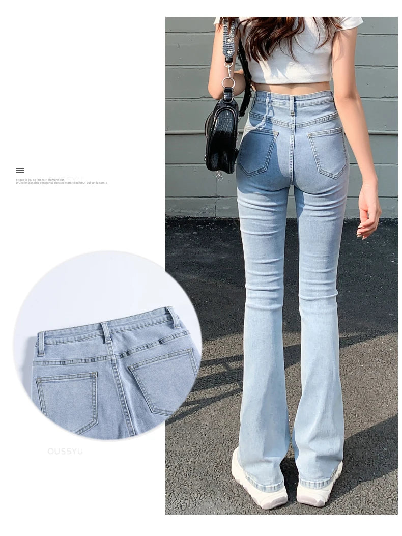 Women Flared Jeans High Waist Cotton Stretch  Wide Leg Denim Casual Pants White Blue Skinny Trousers