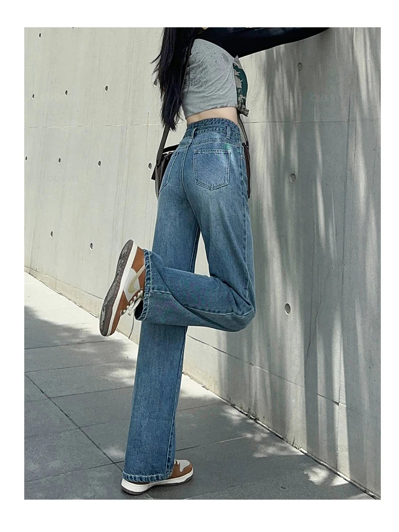 Woman Jeans High Waist Straight Wide Leg Cotton Denim Clothing Blue Streetwear Vintage Fashion  Trousers