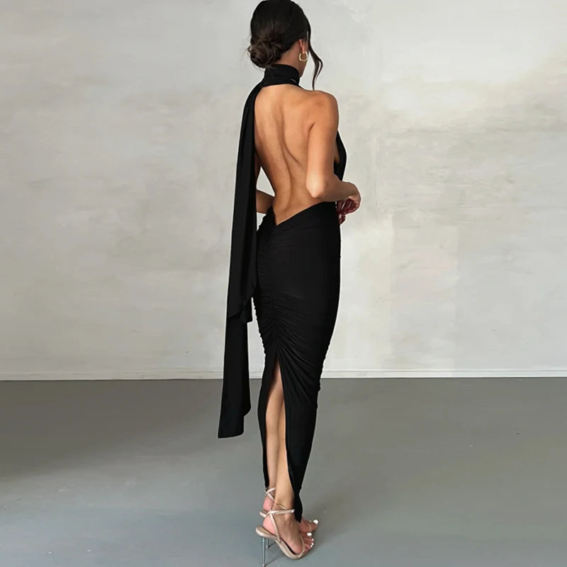 Solid V Neck Backless Ruched Bandage Sleeveless Maxi Dress