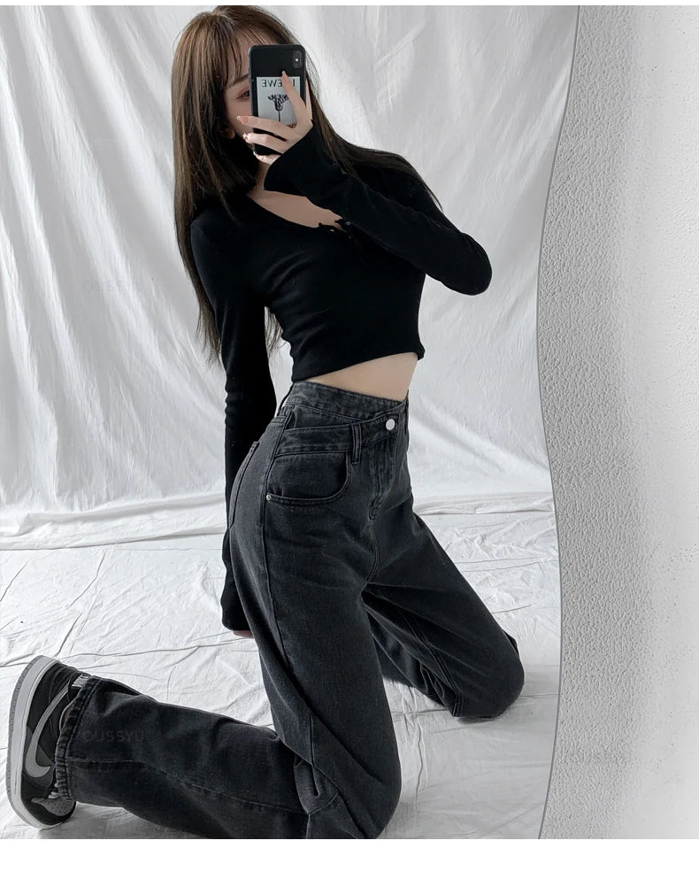 Jeans Women Wide Leg Pants Mom Femme Black Blue Jean High Waist Woman Trousers Brand Clothing