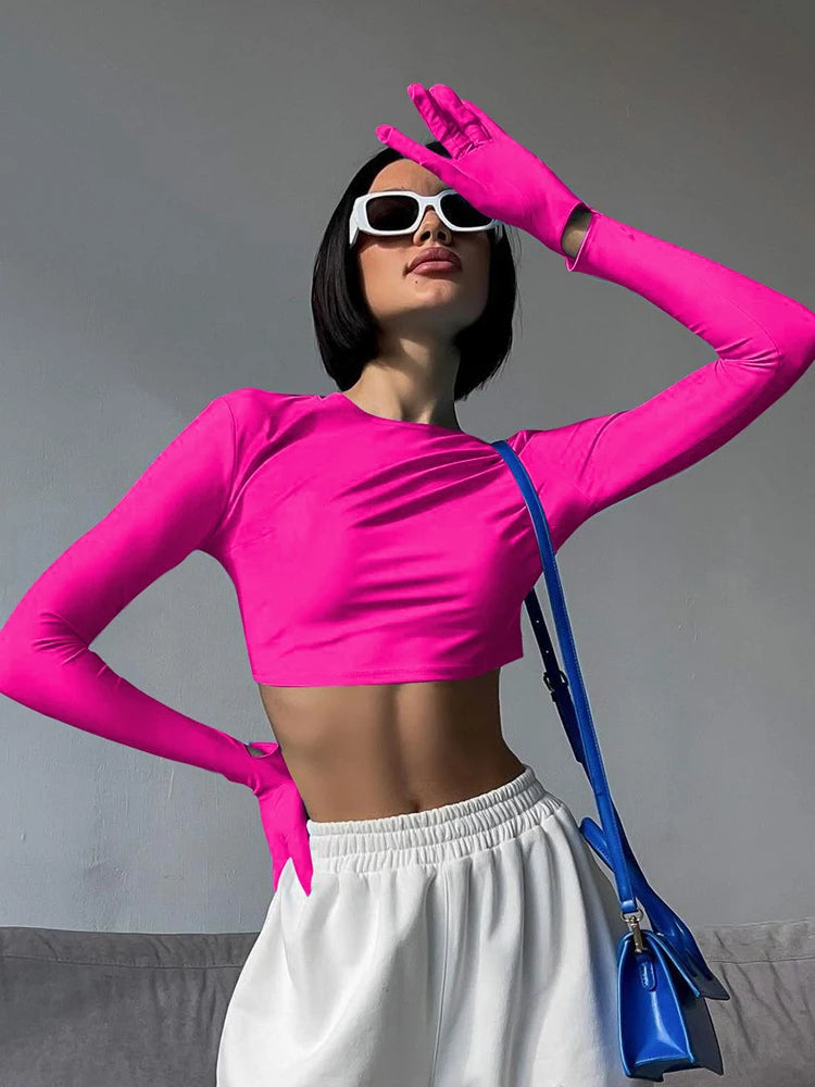 Cotton T-Shirt Crop Top Long Sleeve With Gloves 2023