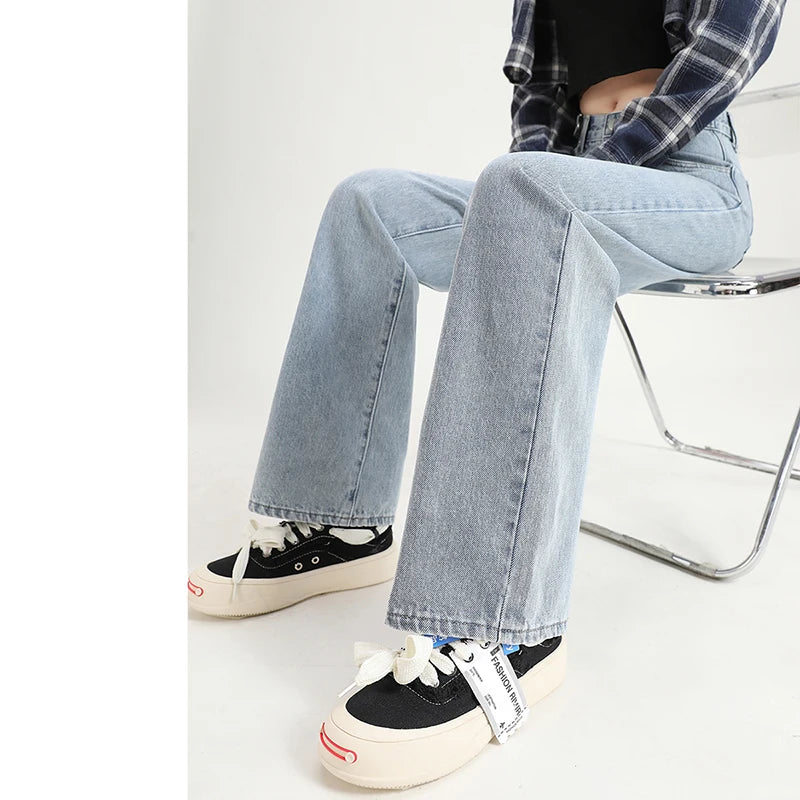 Women Straight  Jeans Adjust Elastic High Waist Vintage Denim Pants Leisure Streetwear  Fashion Loose Wide Leg Trousers