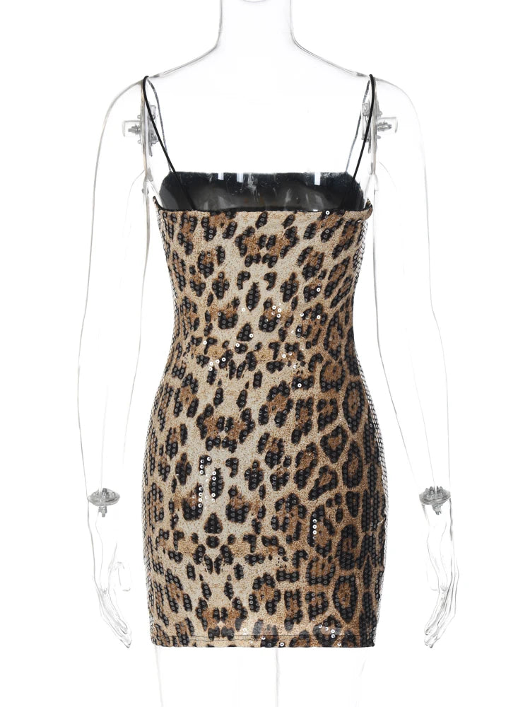 Leopard Print Spaghetti Shoulder Strap Square Collar Mini Dress