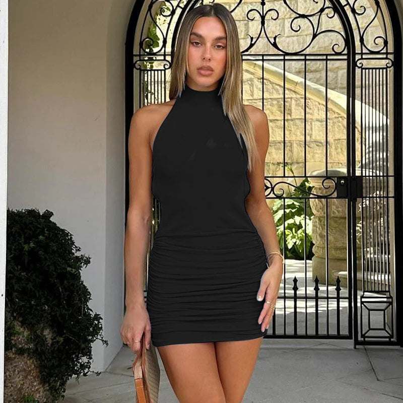 Halter Backless Half Turtleneck Sleeveless Ruched Mini Dress