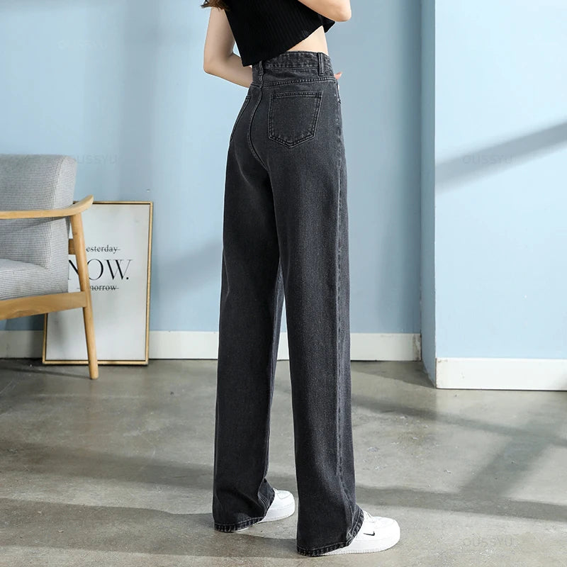 High-Quality Cotton Jeans Women Wide Leg Denim Pants Femme Black Blue Streetwear Baggy Straight Design Waist Trousers