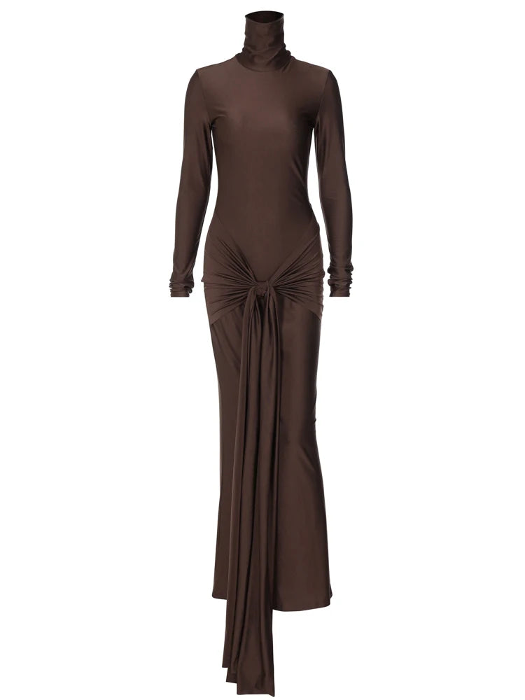 Solid Pure Color Turtleneck Tassels Long Sleeves Maxi Dress