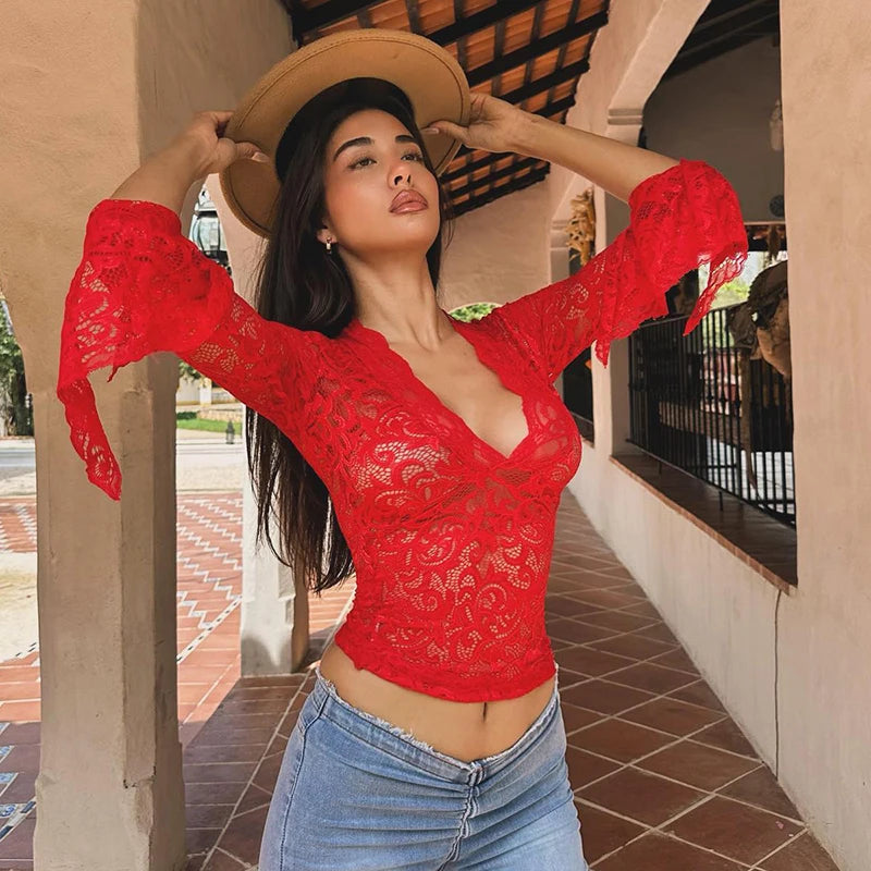 Lace Hook Flower Hollow Trumpet Sleeves Camisole Bra Top T-Shirt