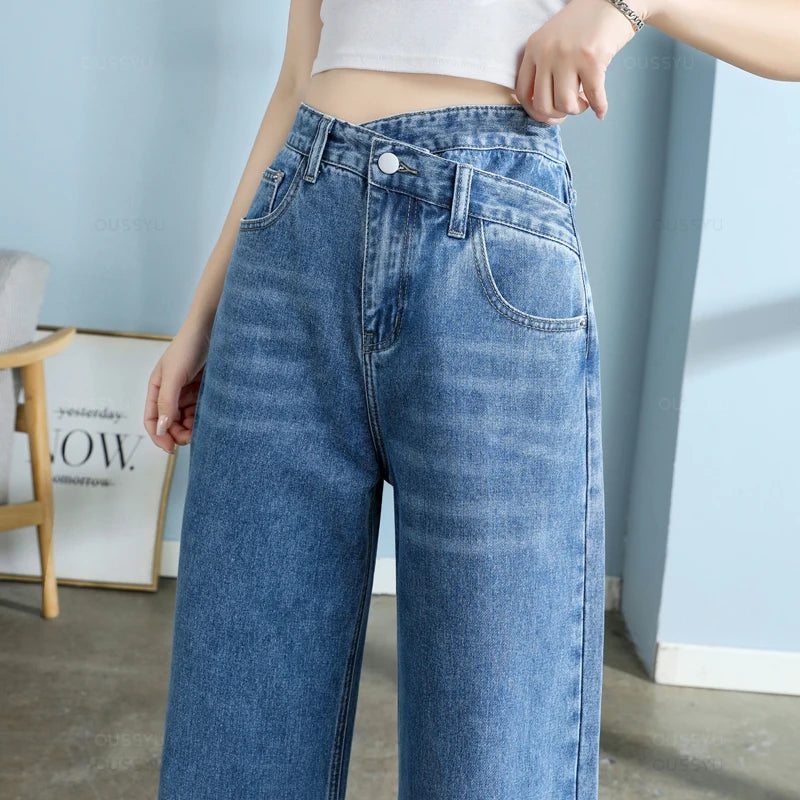 High-Quality Cotton Jeans Women Wide Leg Denim Pants Femme Black Blue Streetwear Baggy Straight Design Waist Trousers