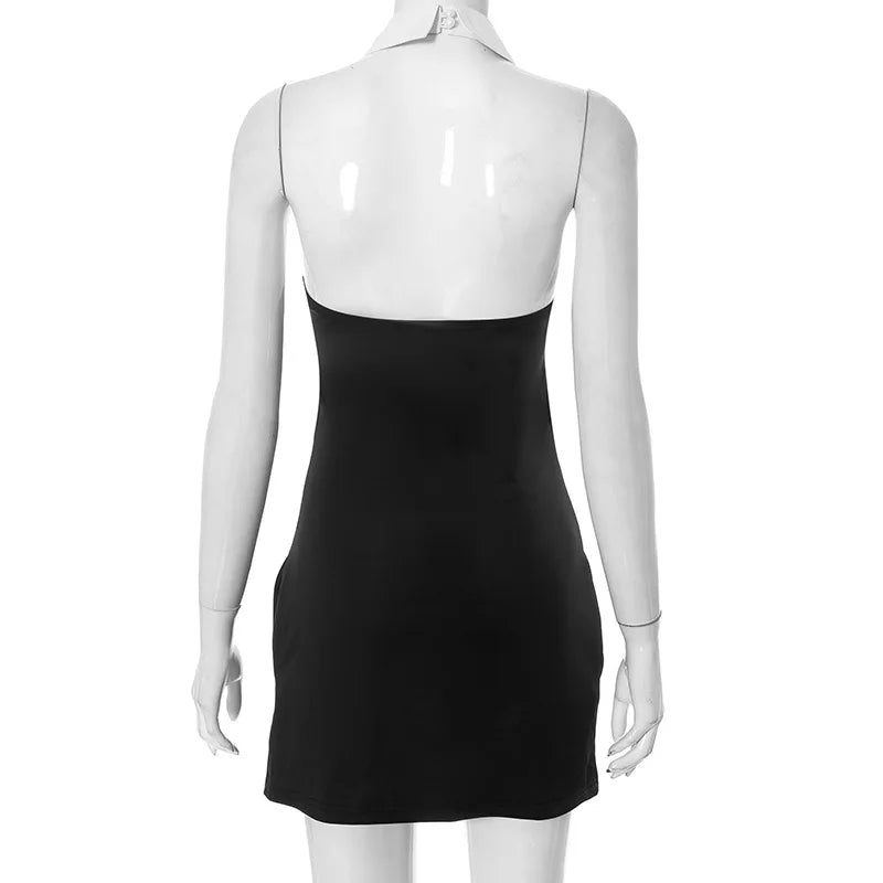 Sleeveless Turn Down Collar Black Mini Dress