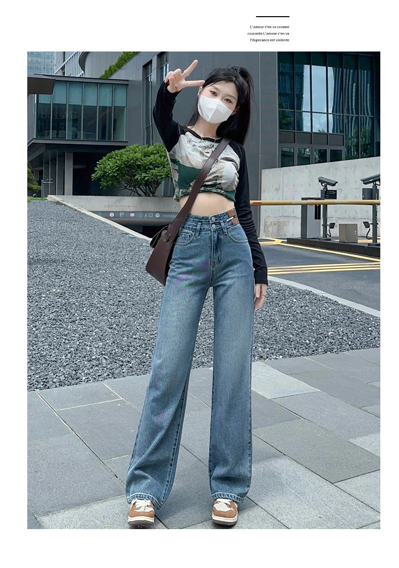 Woman Jeans High Waist Straight Wide Leg Cotton Denim Clothing Blue Streetwear Vintage Fashion  Trousers