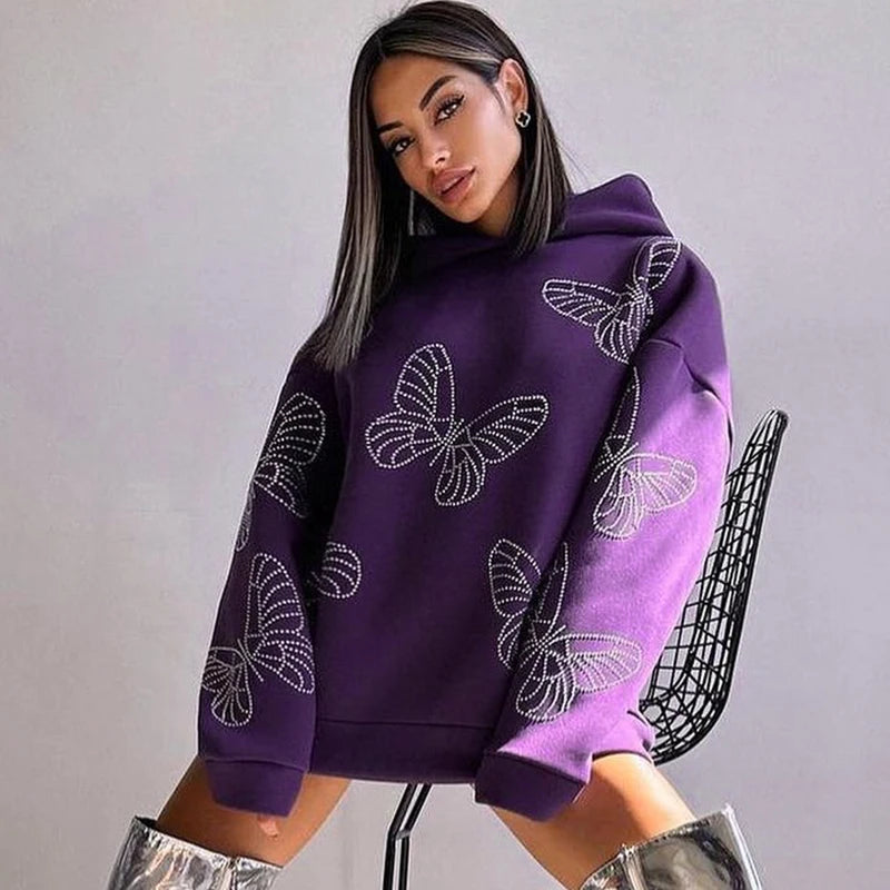 Hooded Sparkly Crystal Rhinestone Butterfly Long Pullovers Casual Streetwear