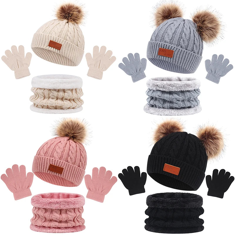 3Pcs Winter Baby Hat Scarf Gloves Set 1-5Y