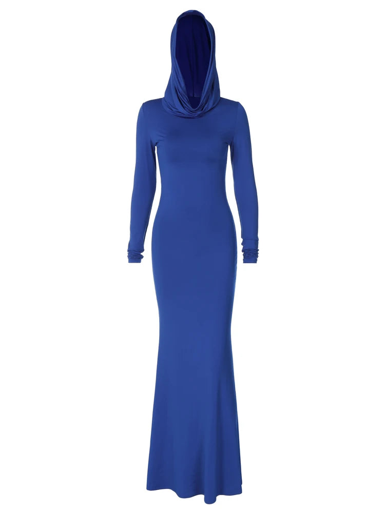 Solid Pure Color Hooded Long Sleeves Maxi Dress