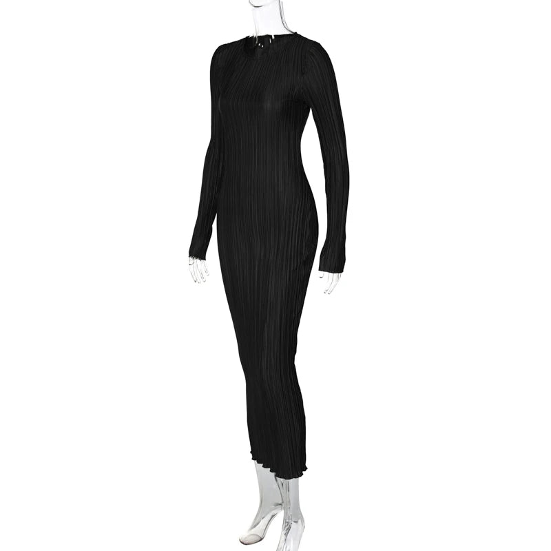 Striped Ruched Ruffle Sexy Y2K Clothes Long Sleeve Midi Dresses