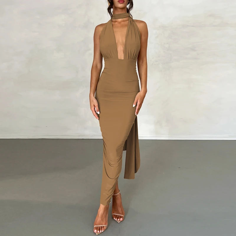 Solid V Neck Backless Ruched Bandage Sleeveless Maxi Dress